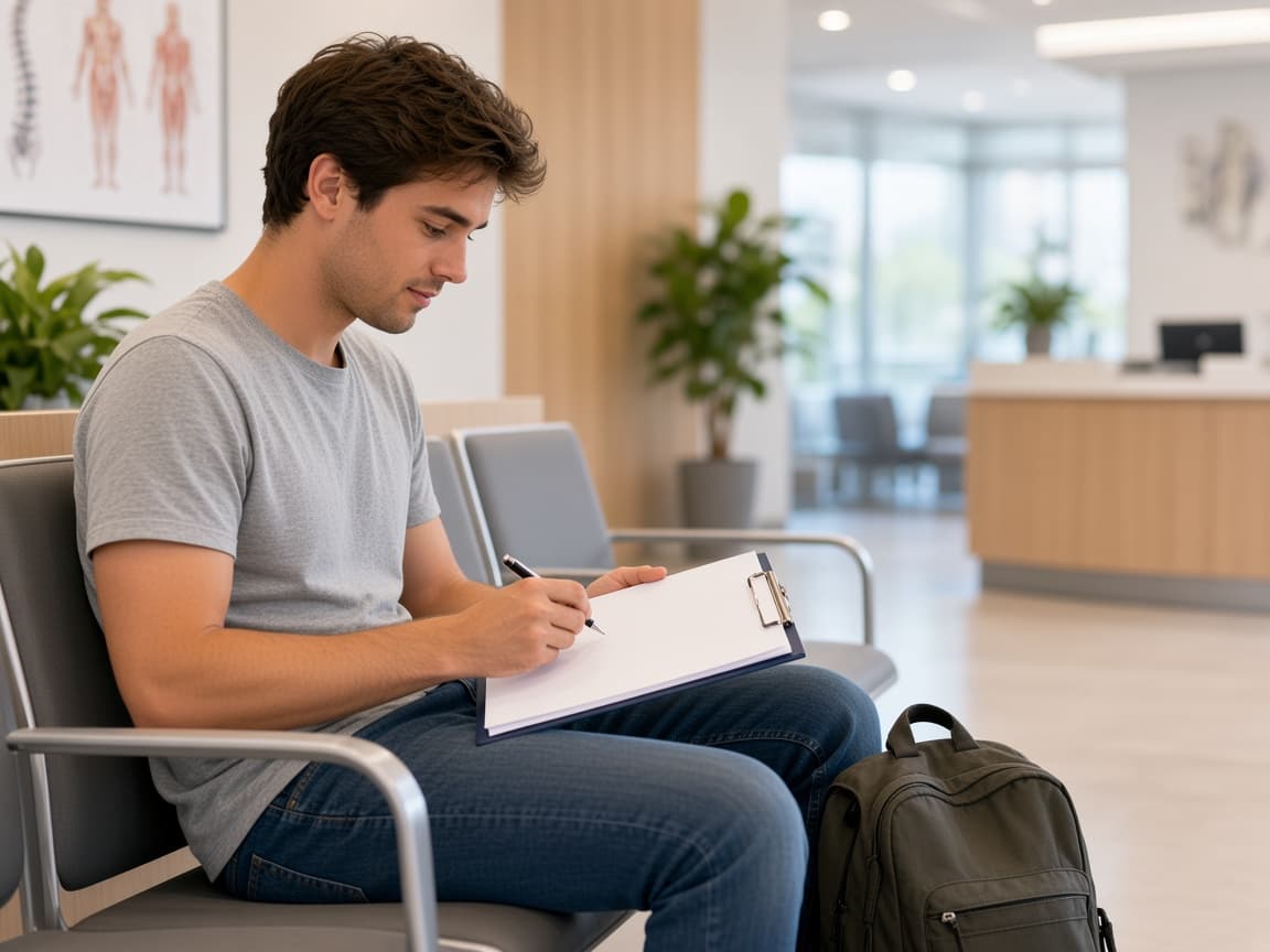 Claimant preparing forms before an IME